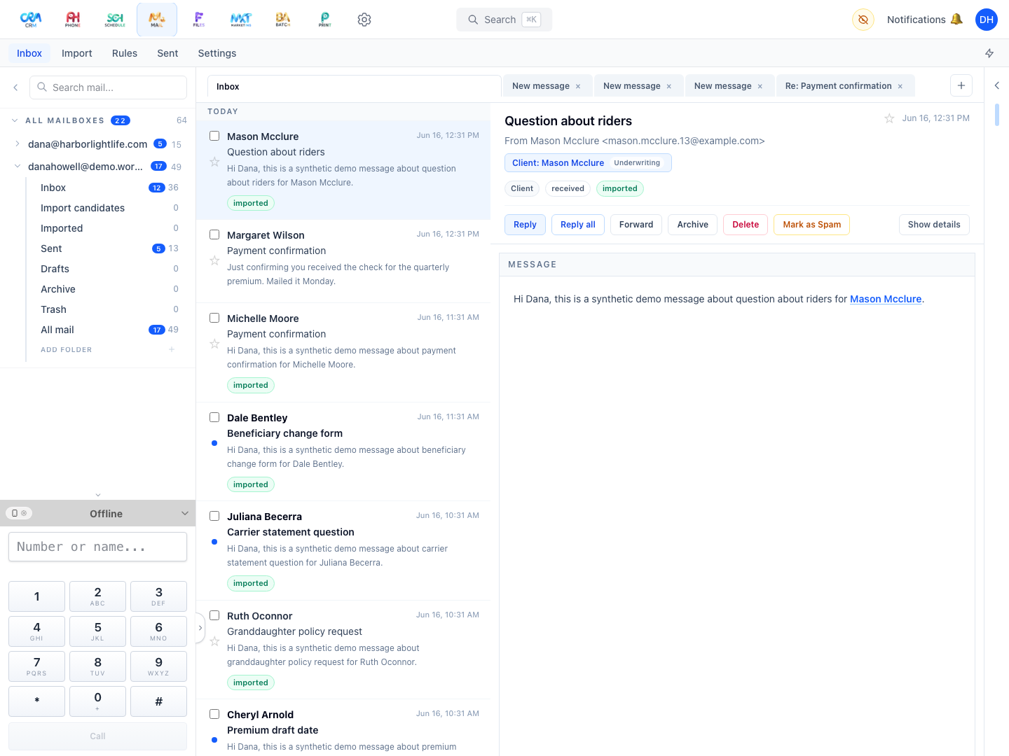 Mail in the Workganic demo workspace.
